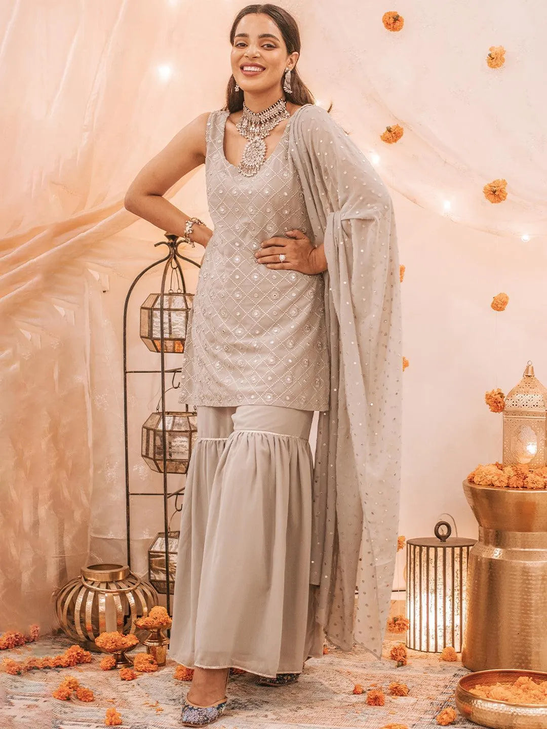 Grey Embroidered Georgette Suit Set - Libas