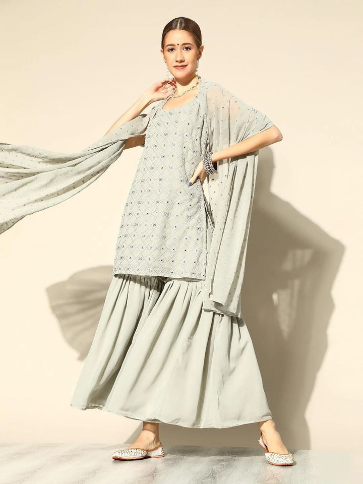 Grey Embroidered Georgette Straight Kurta With Sharara & Dupatta - Libas