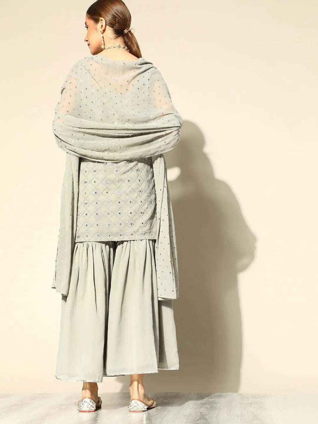 Grey Embroidered Georgette Straight Kurta With Sharara & Dupatta - Libas