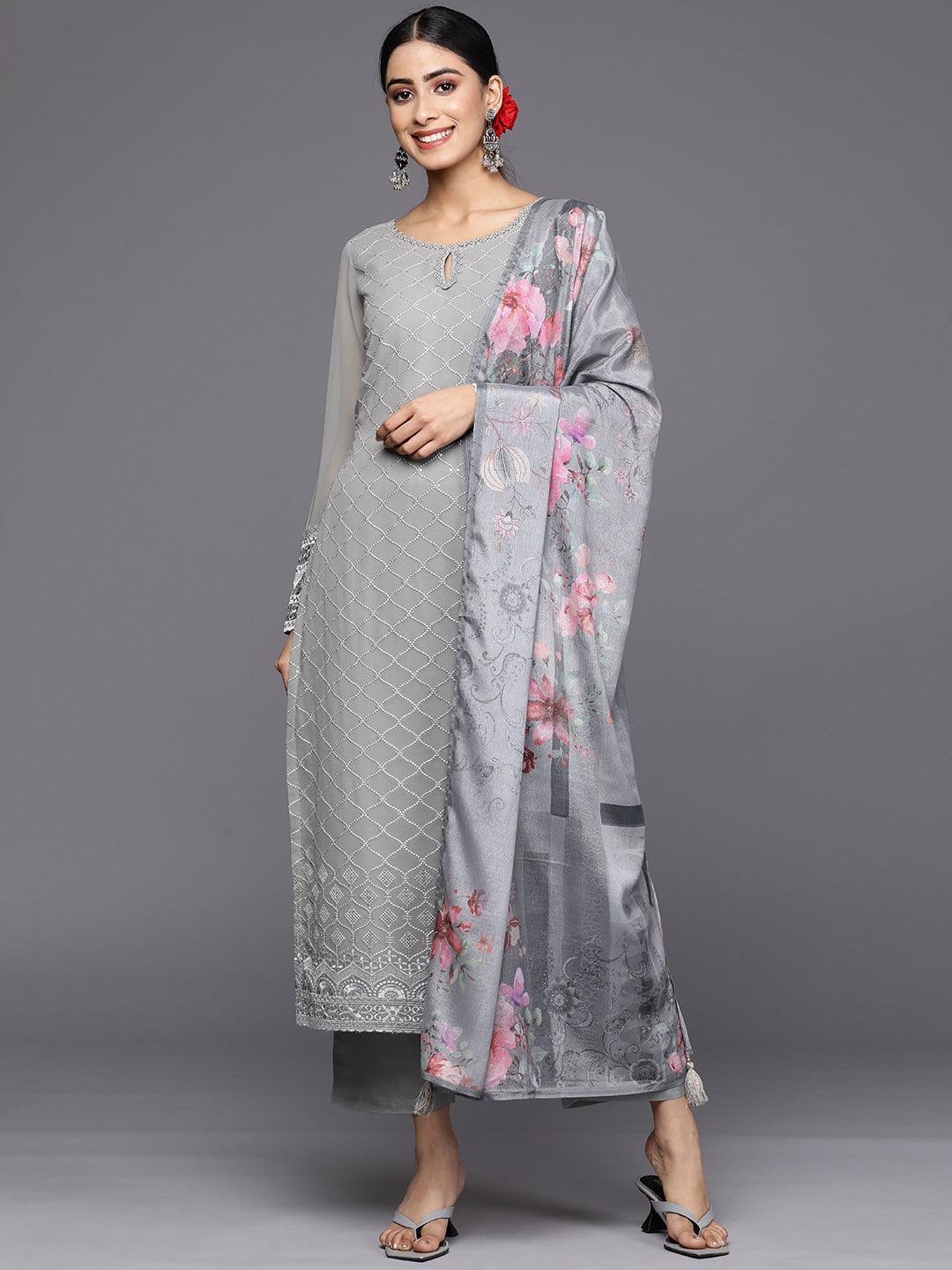 Grey Embroidered Georgette Straight Kurta With Trousers & Dupatta