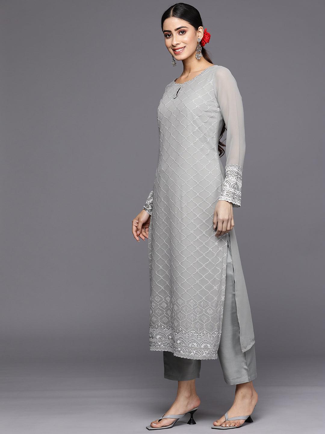 Grey Embroidered Georgette Straight Kurta With Trousers & Dupatta