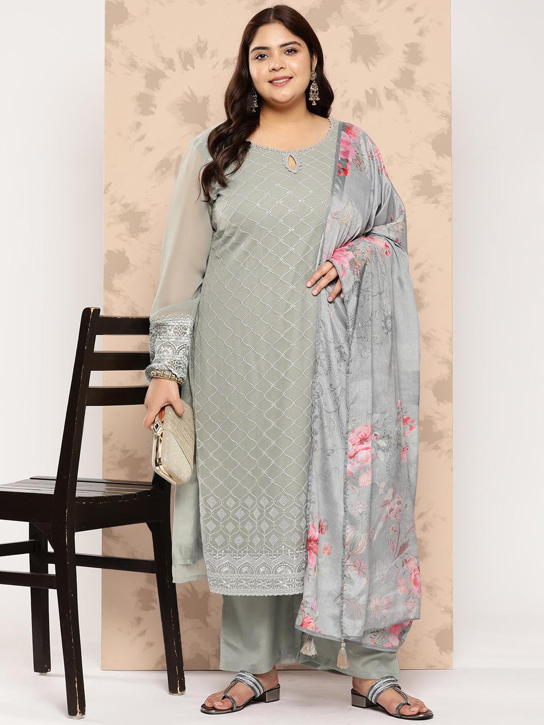 Grey Embroidered Georgette Straight Kurta With Trousers and Dupatta - Libas