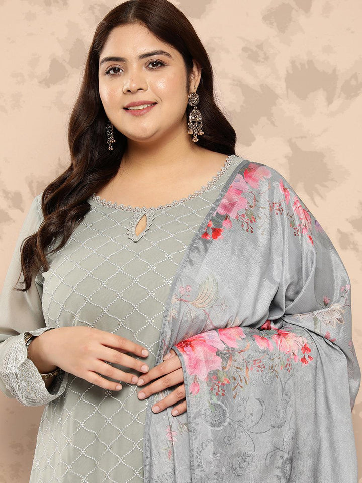 Grey Embroidered Georgette Straight Kurta With Trousers and Dupatta - Libas