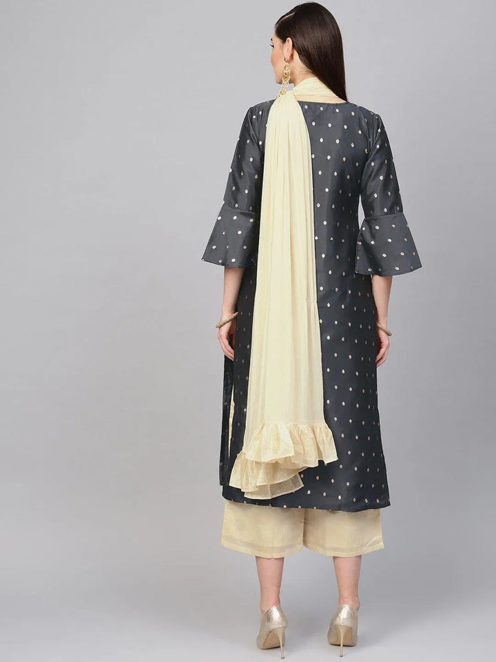 Grey Embroidered Polyester Suit Set - Libas