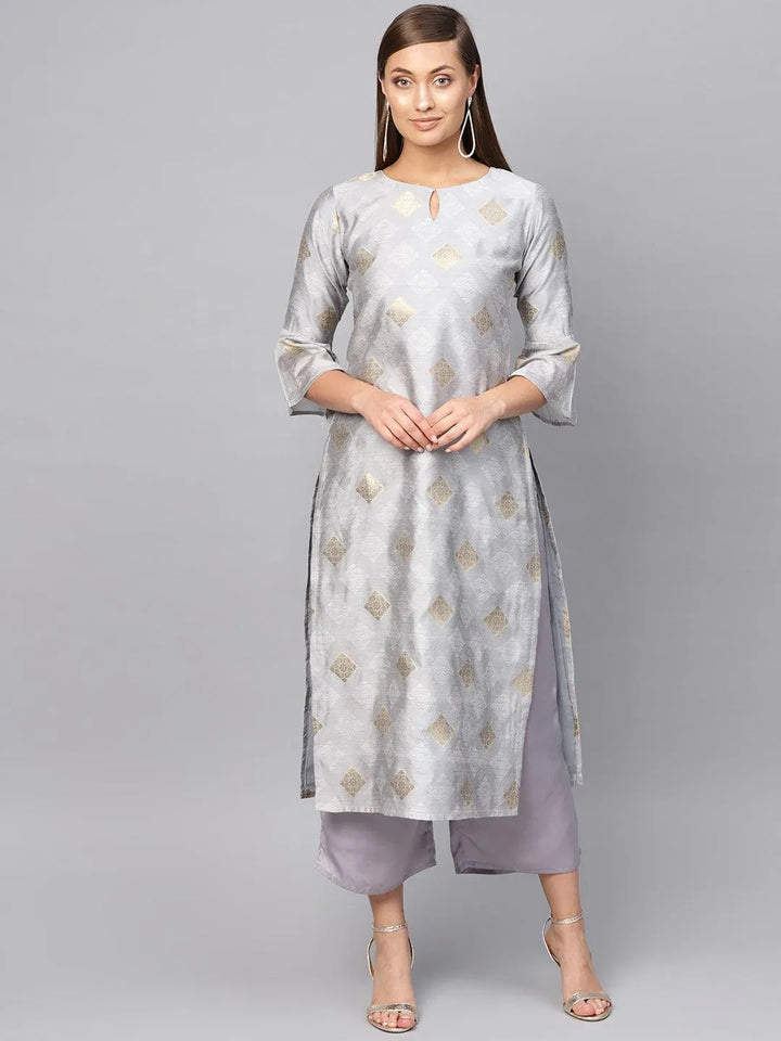 Grey Embroidered Polyester Kurta Set - Libas