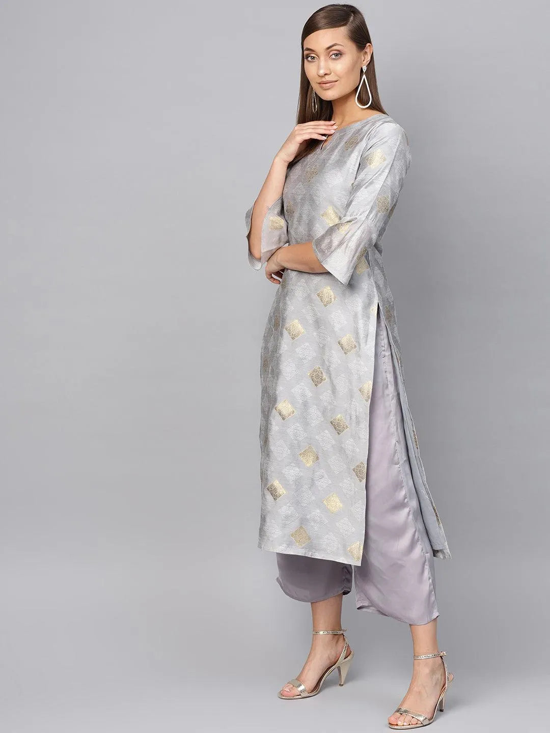 Grey Embroidered Polyester Kurta Set - Libas