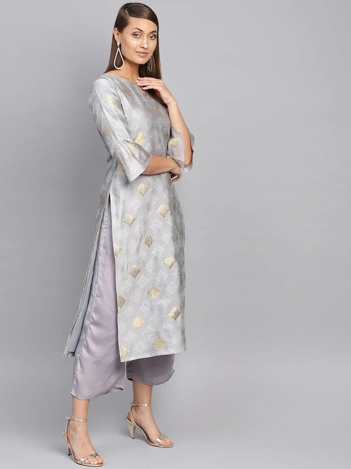 Grey Embroidered Polyester Kurta Set - Libas