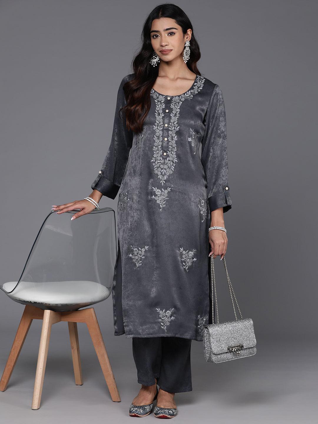 Grey Embroidered Polyester Straight Kurta With Trousers - Libas 