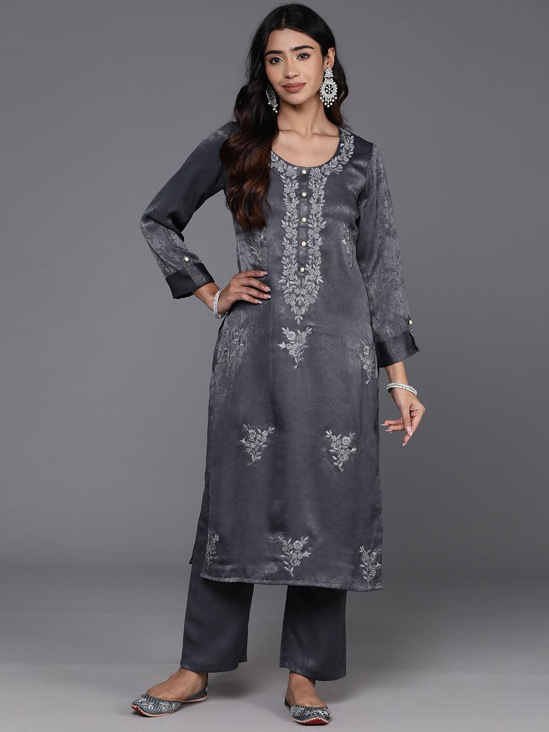 Grey Embroidered Polyester Straight Kurta With Trousers - Libas 