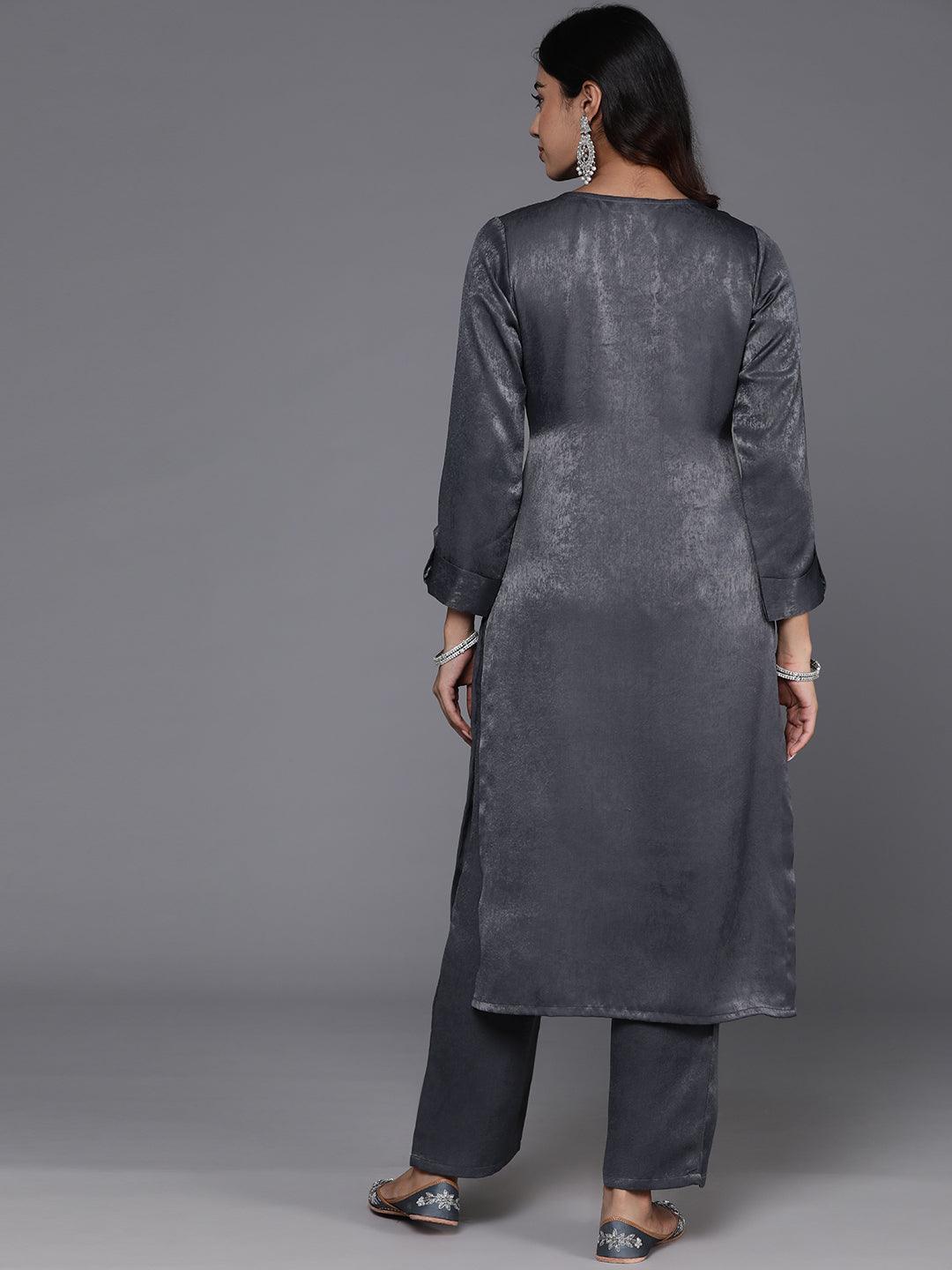 Grey Embroidered Polyester Straight Kurta With Trousers - Libas 