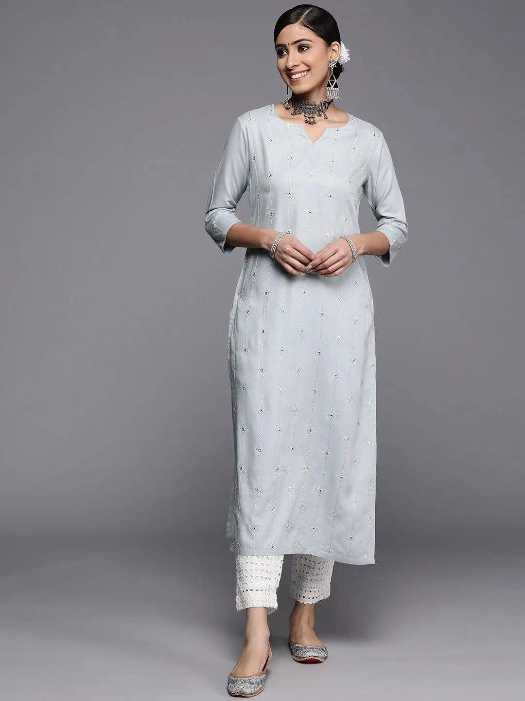 Grey Embroidered Rayon Kurta - Libas