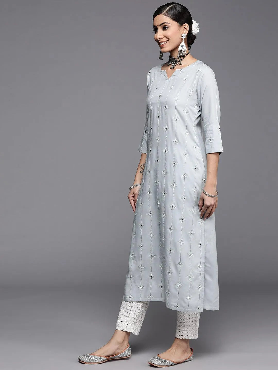 Grey Embroidered Rayon Kurta - Libas