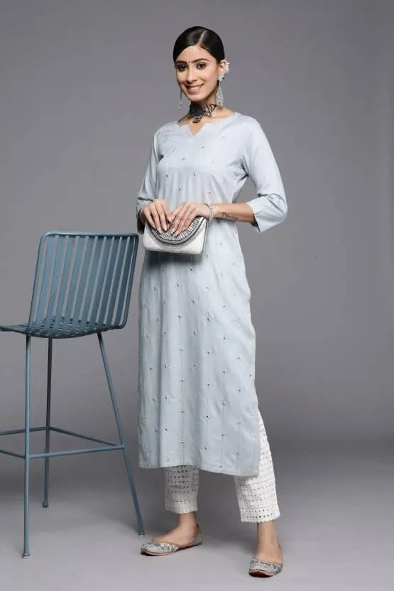 Grey Embroidered Rayon Kurta - Libas