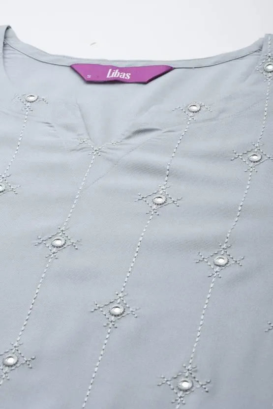 Grey Embroidered Rayon Kurta - Libas