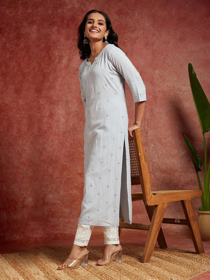 Grey Embroidered Rayon Straight Kurta - Libas