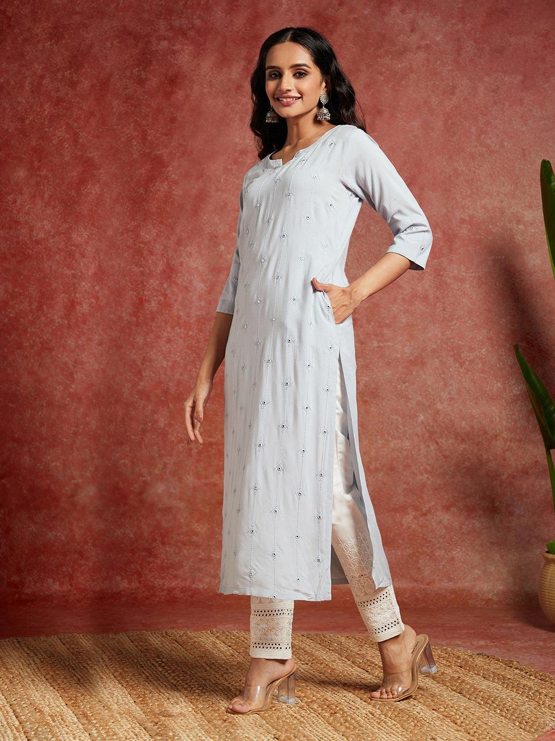 Grey Embroidered Rayon Straight Kurta - Libas