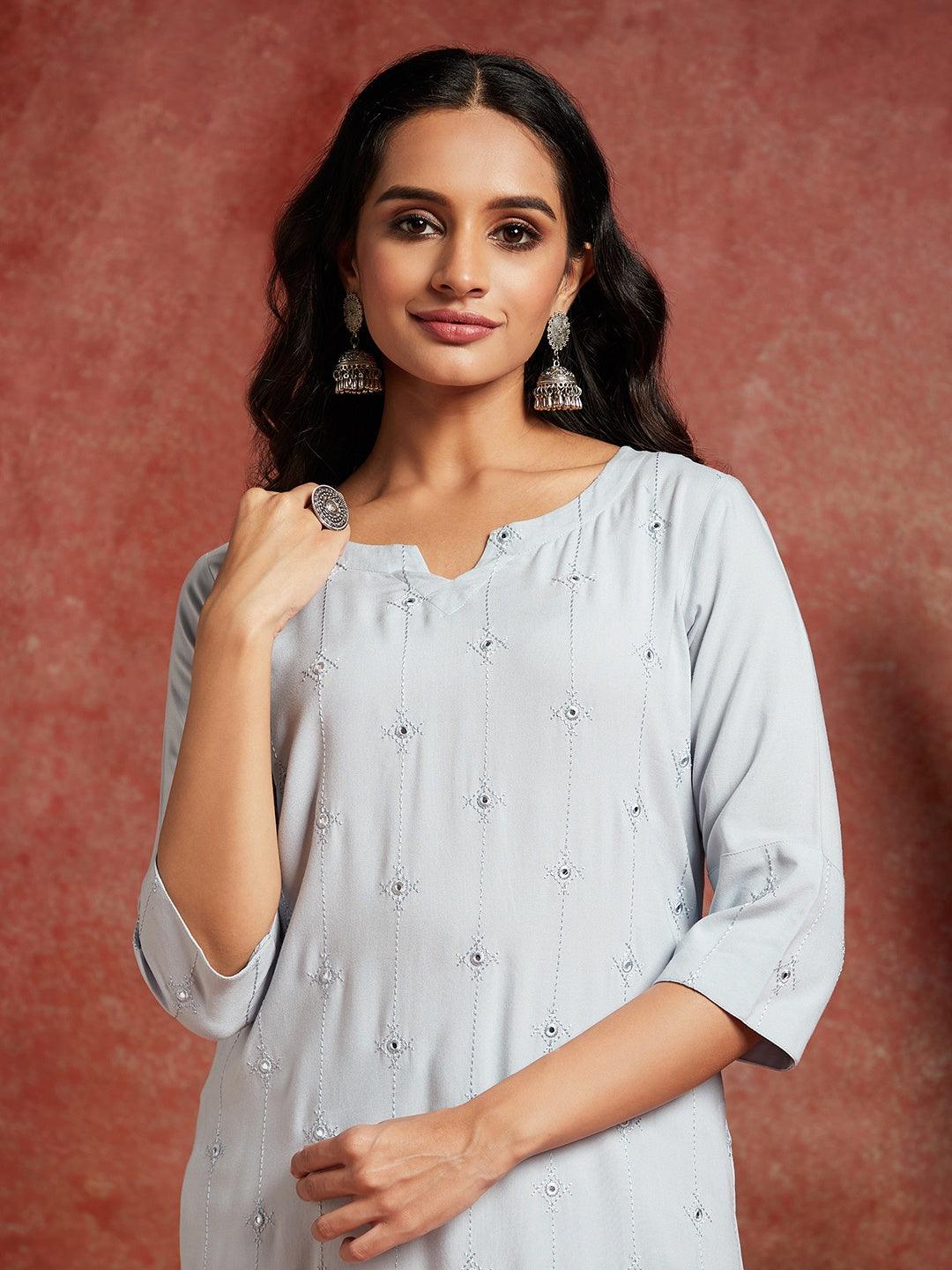 Grey Embroidered Rayon Straight Kurta - Libas