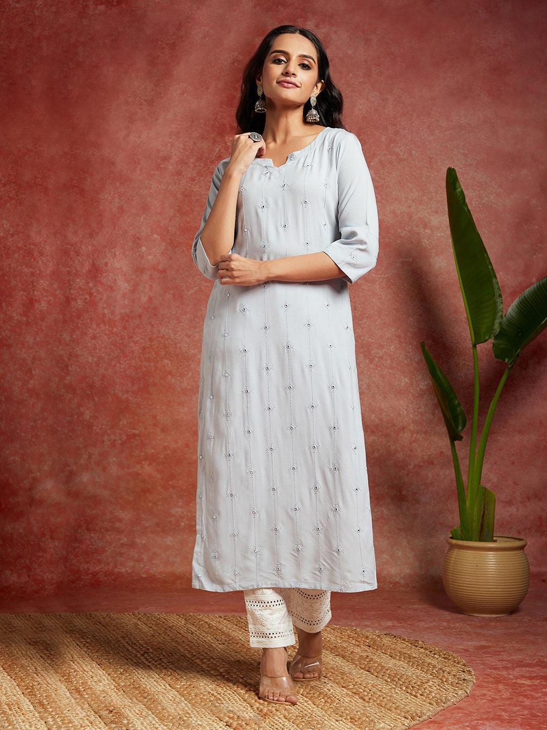 Grey Embroidered Rayon Straight Kurta - Libas