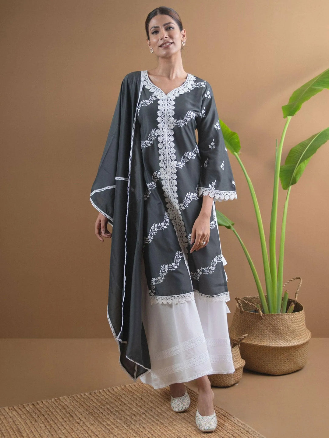 Grey Embroidered Shantoon Suit Set - Libas