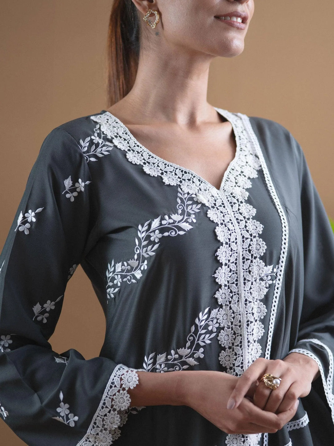 Grey Embroidered Shantoon Suit Set - Libas