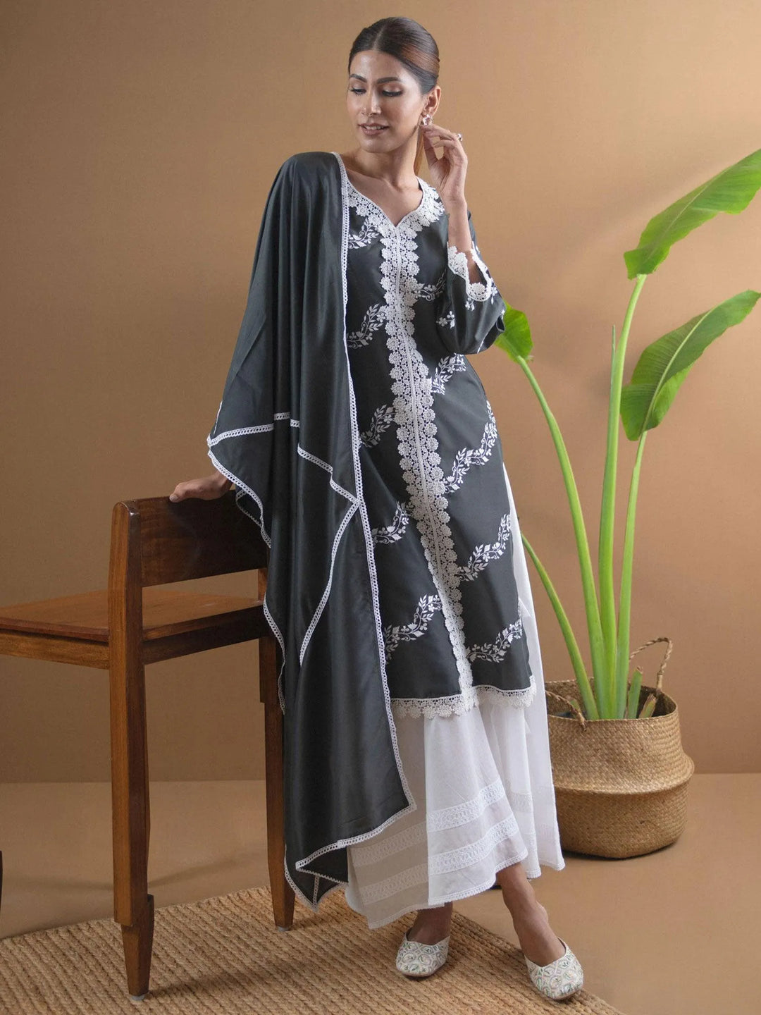 Grey Embroidered Shantoon Suit Set - Libas