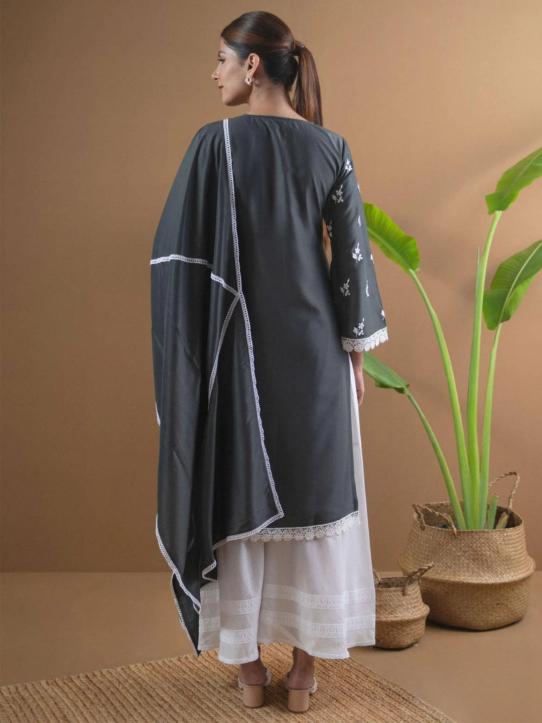 Grey Embroidered Shantoon Suit Set - Libas