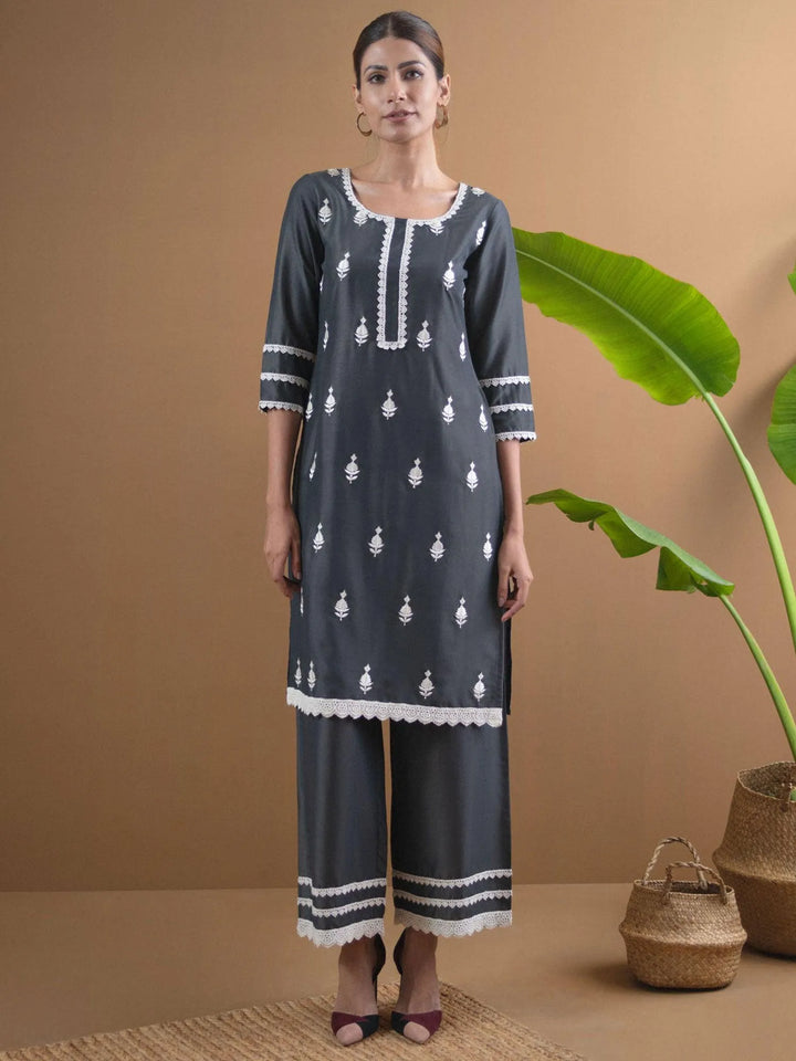 Grey Embroidered Shantoon Kurta Set - Libas