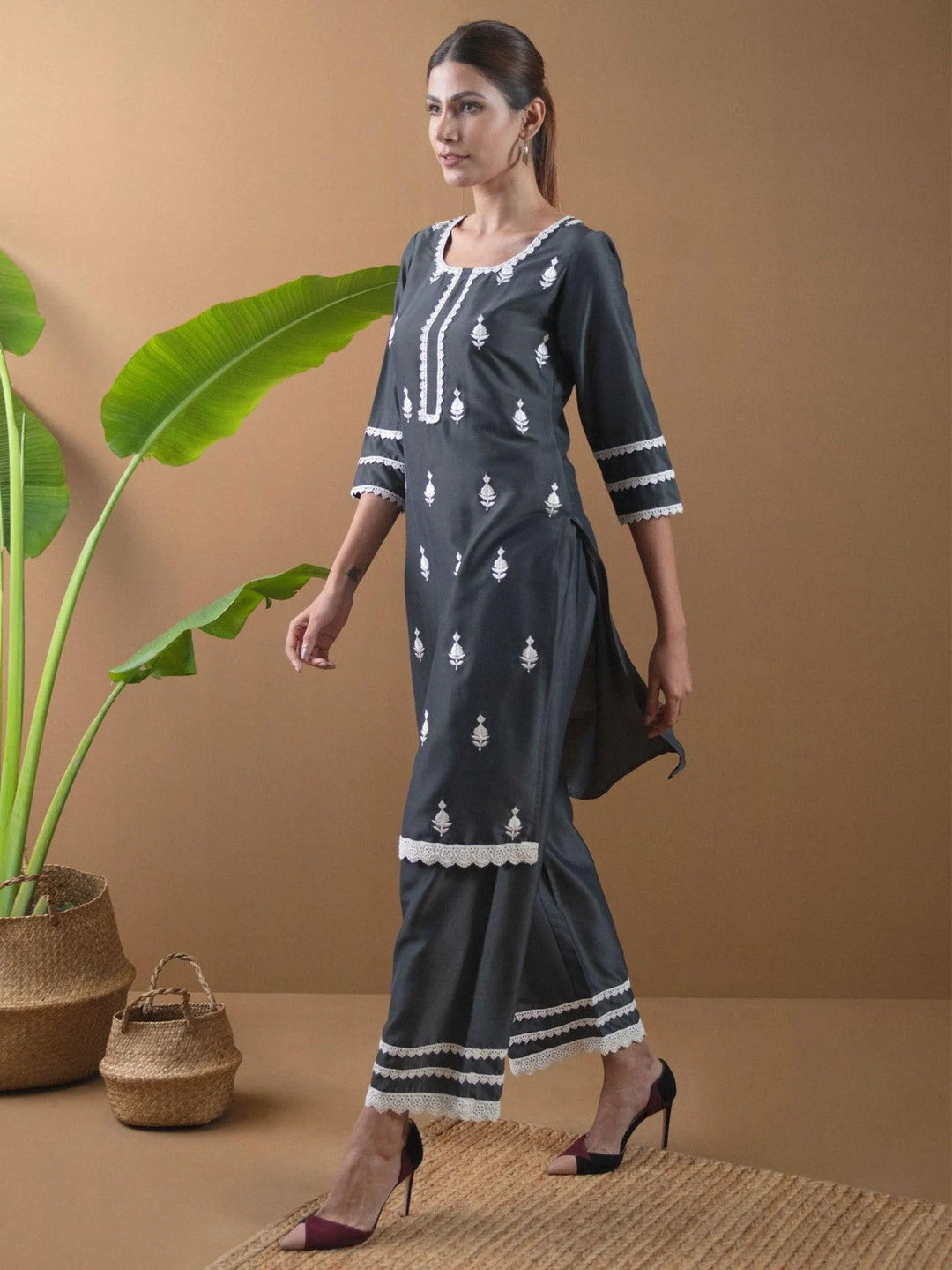 Grey Embroidered Shantoon Kurta Set - Libas