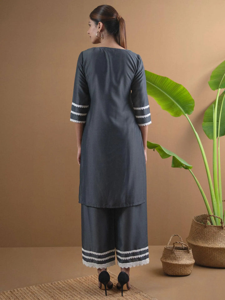 Grey Embroidered Shantoon Kurta Set - Libas