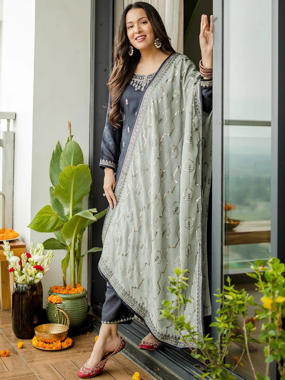 Grey Embroidered Silk Blend Straight Suit Set - Libas 