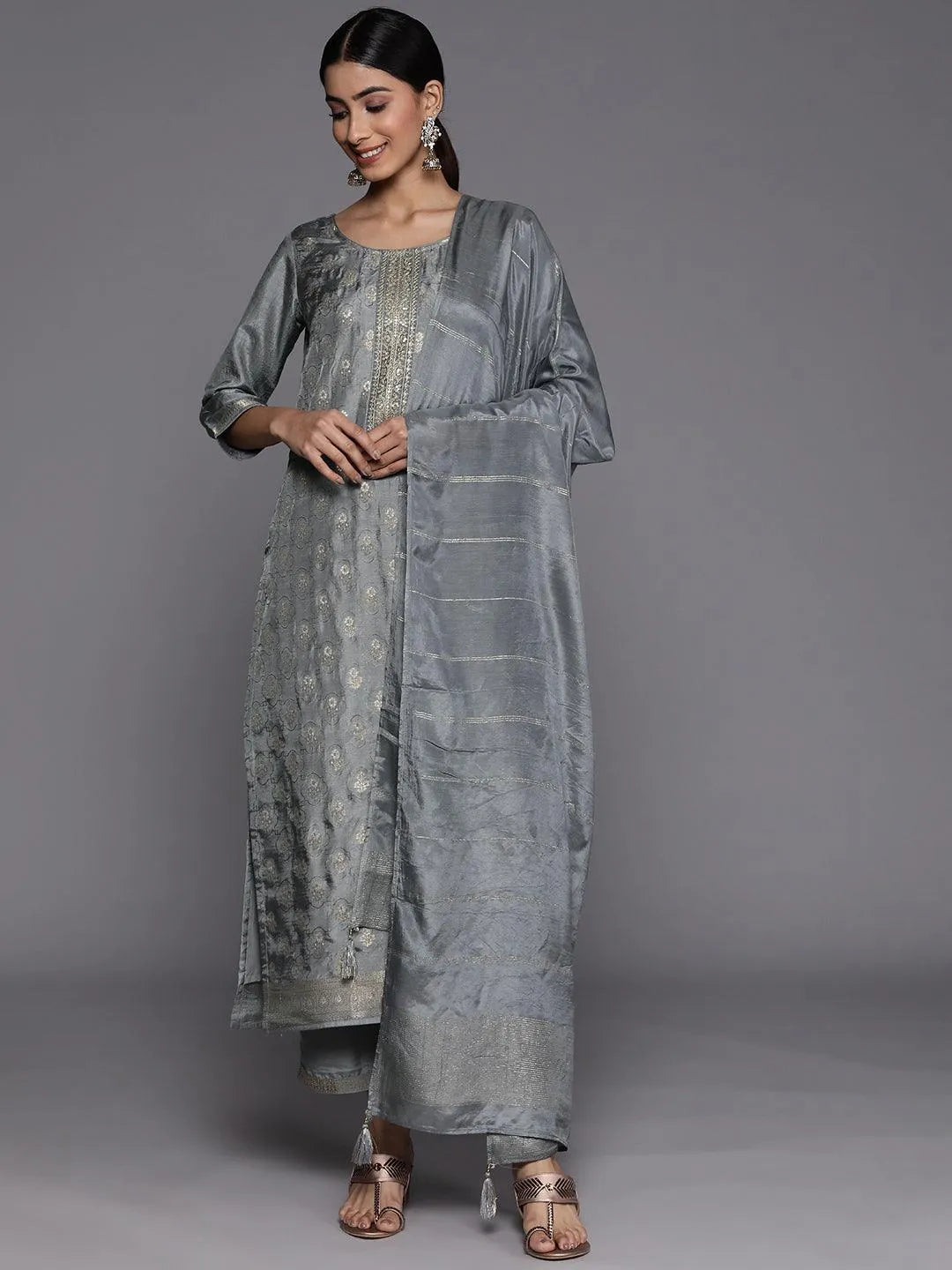 Grey Embroidered Silk Blend Suit Set With Trousers - Libas