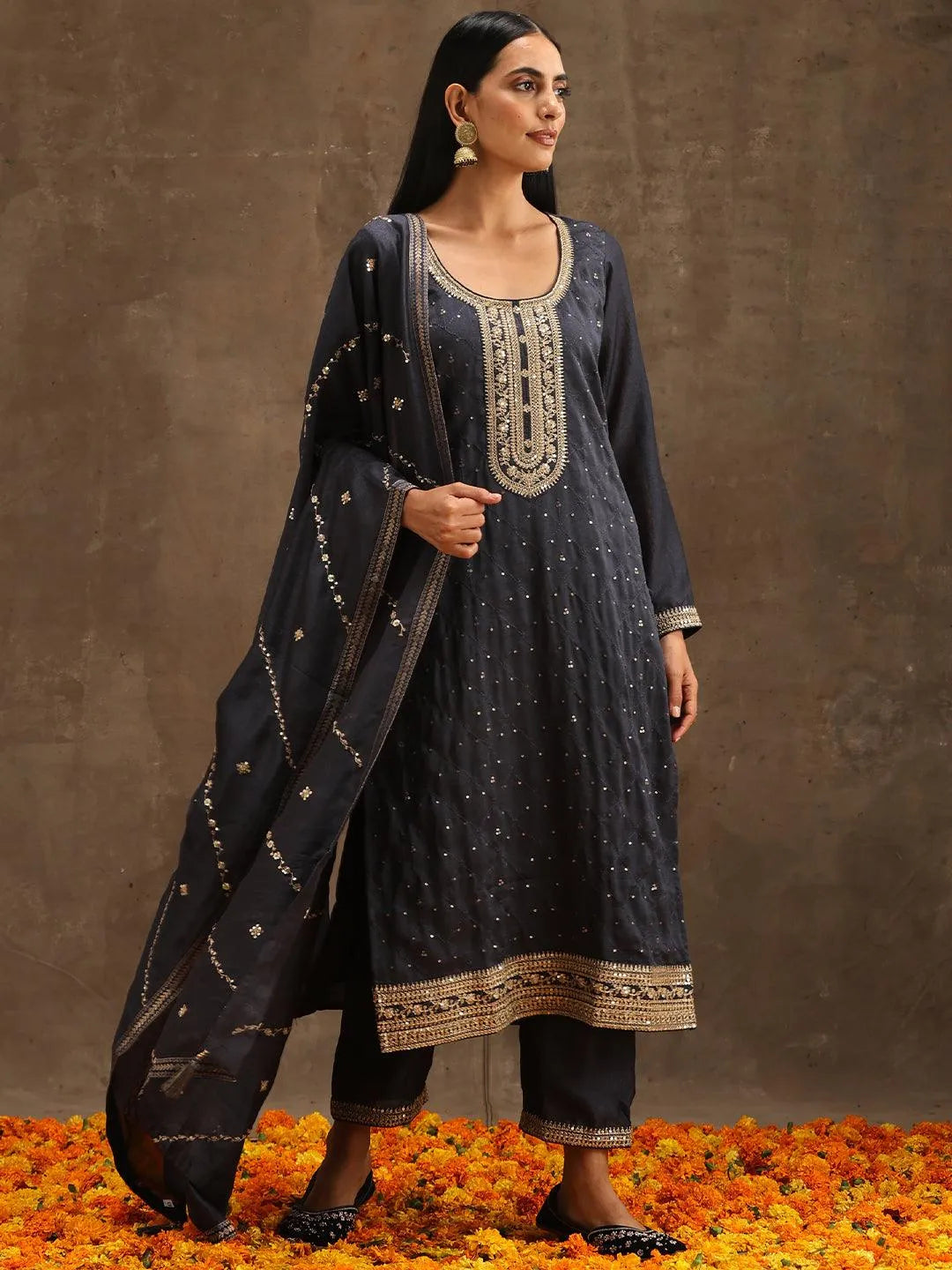 Grey Embroidered Silk Blend Suit Set With Trousers - Libas