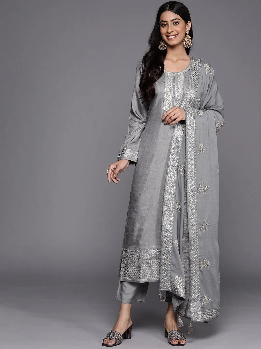 Grey Embroidered Silk Blend Straight Suit Set - Libas 