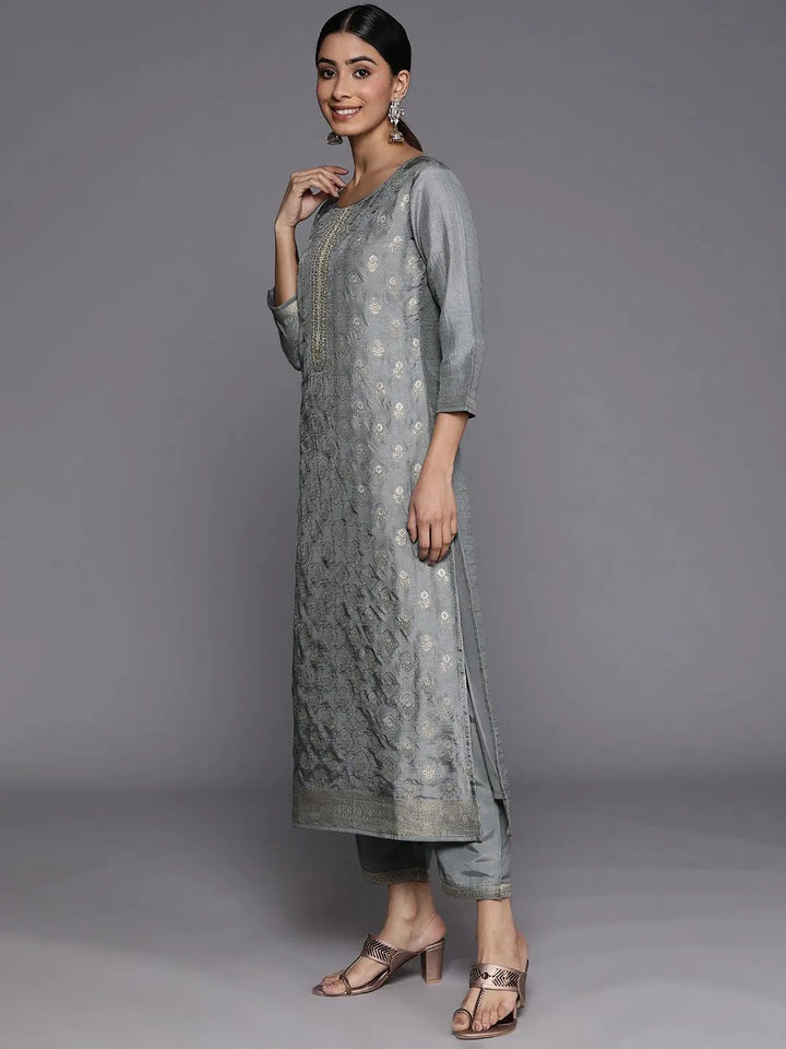 Grey Embroidered Silk Blend Suit Set With Trousers - Libas