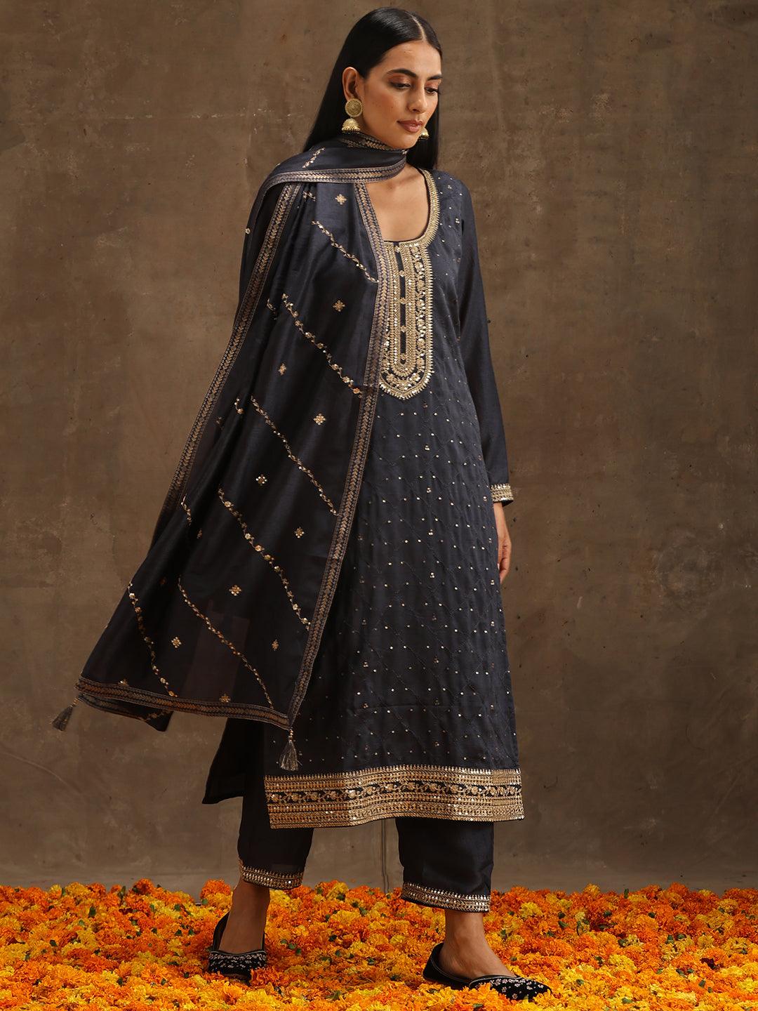 Grey Embroidered Silk Blend Straight Kurta With Trousers & Dupatta