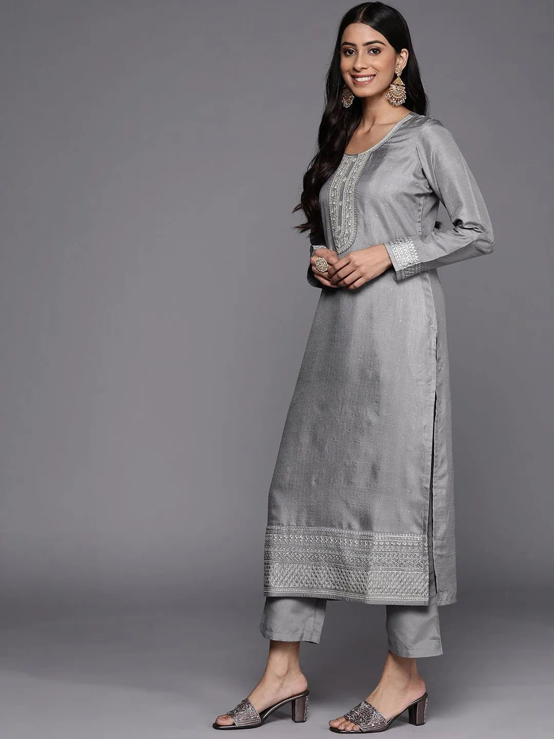 Grey Embroidered Silk Blend Straight Suit Set - Libas 