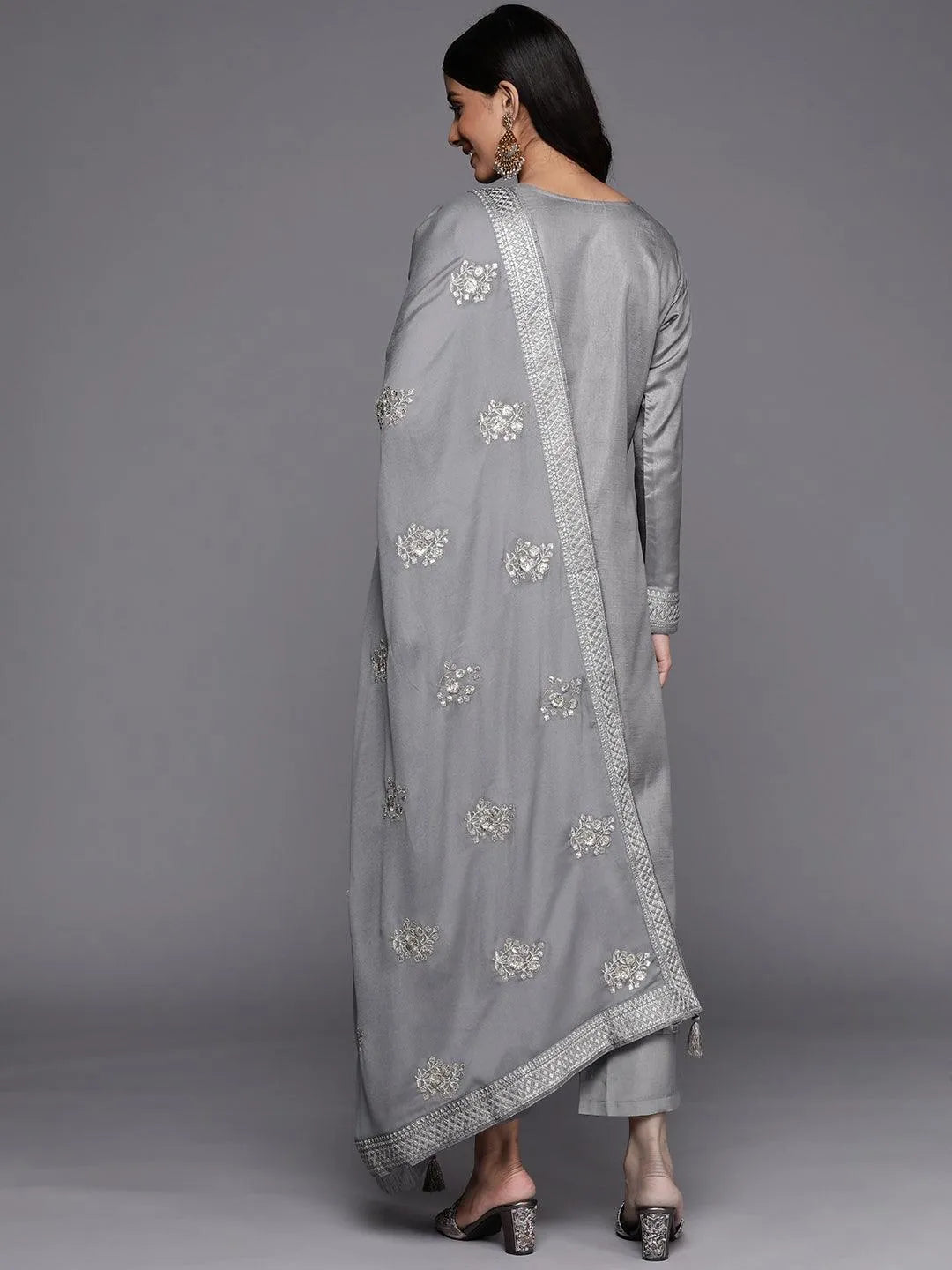 Grey Embroidered Silk Blend Straight Suit Set - Libas