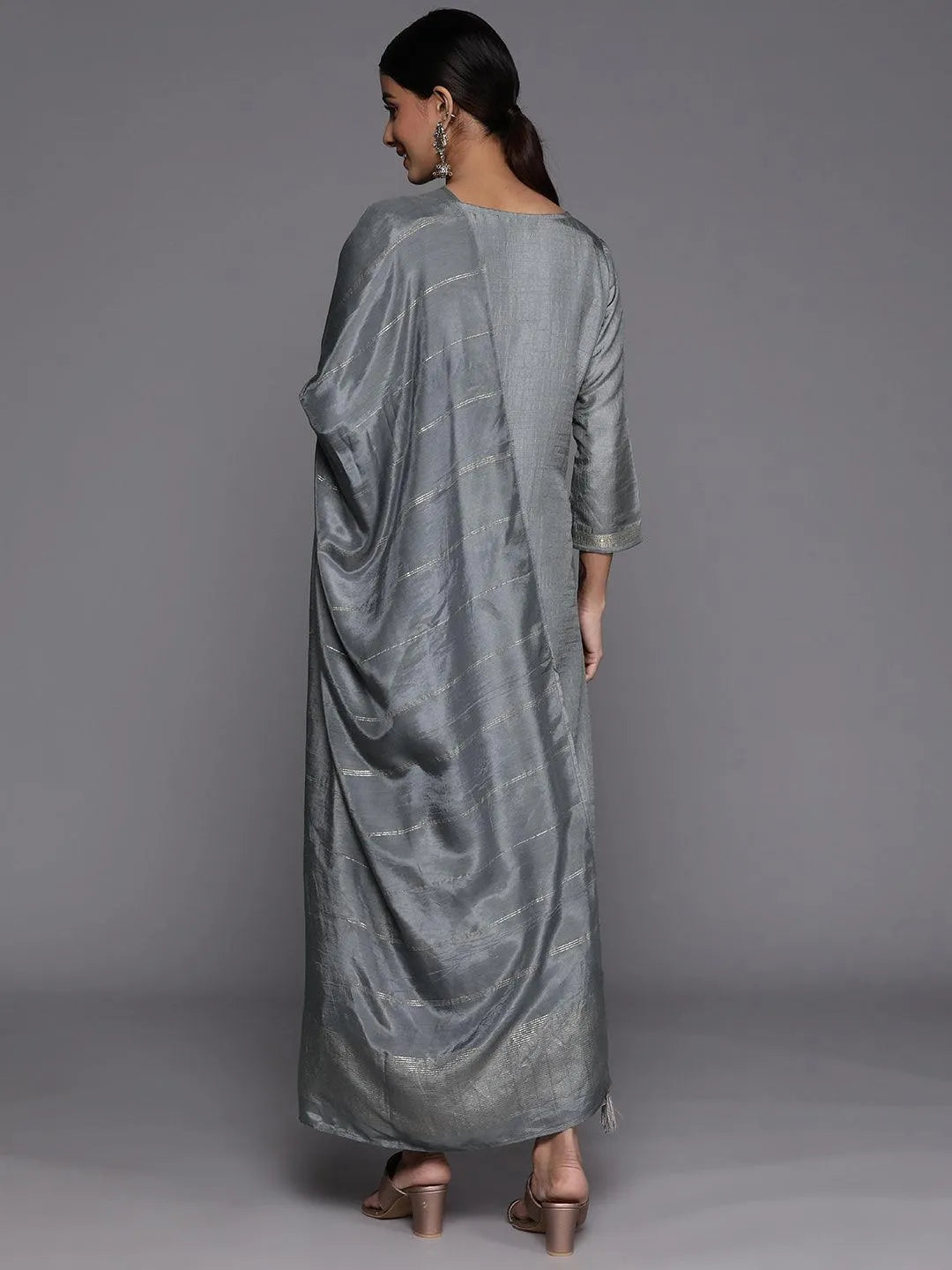 Grey Embroidered Silk Blend Suit Set With Trousers - Libas