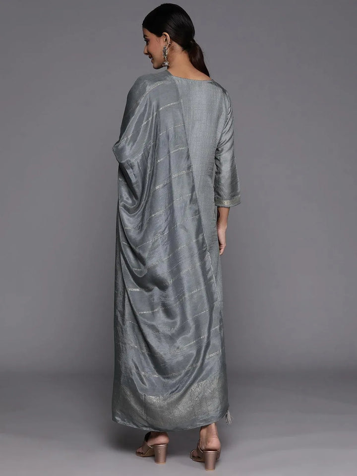 Grey Embroidered Silk Blend Suit Set With Trousers - Libas