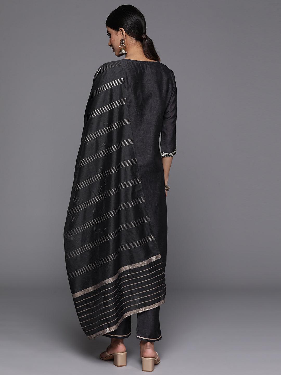 Grey Embroidered Silk Blend Straight Kurta With Trousers & Dupatta - Libas