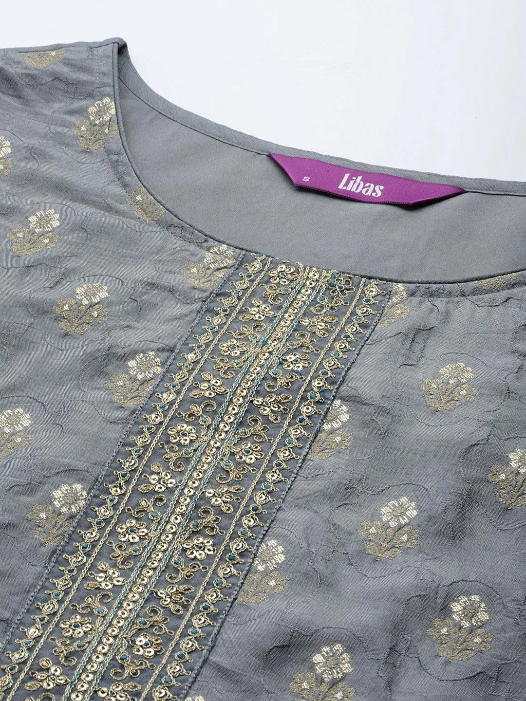 Grey Embroidered Silk Blend Suit Set With Trousers - Libas