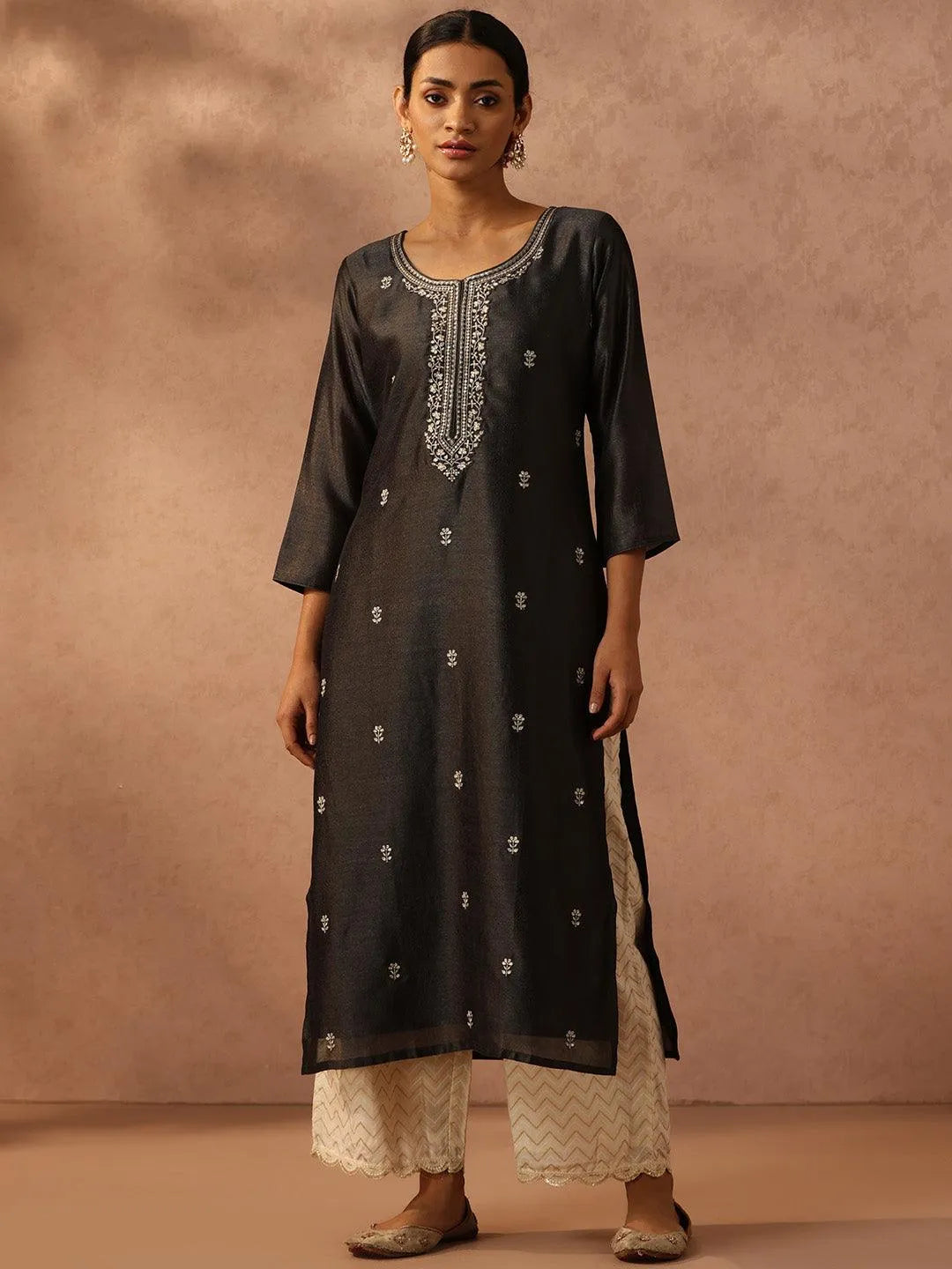 

Grey Embroidered Silk Straight Kurta