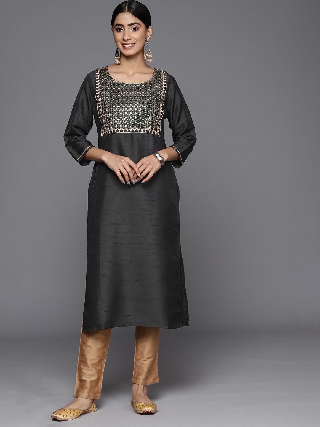 Grey Embroidered Silk Straight Kurta - Libas 