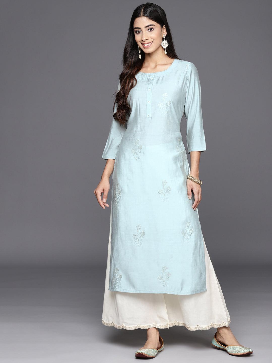 Grey Embroidered Silk Straight Kurta - Libas