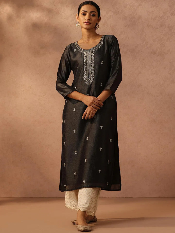 Grey Embroidered Silk Straight Kurta - Libas