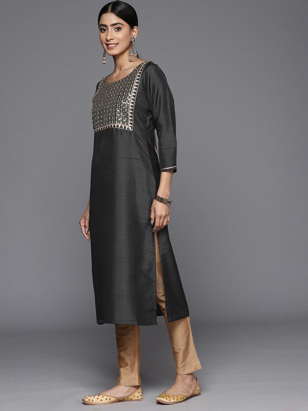 Grey Embroidered Silk Straight Kurta - Libas 