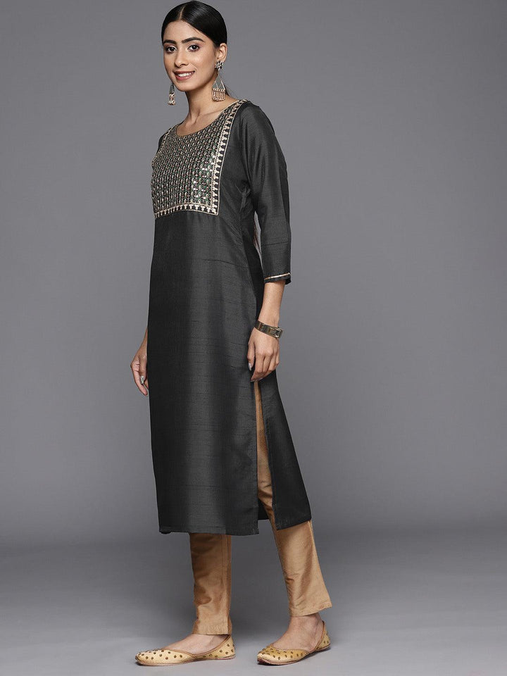 Grey Embroidered Silk Straight Kurta - Libas