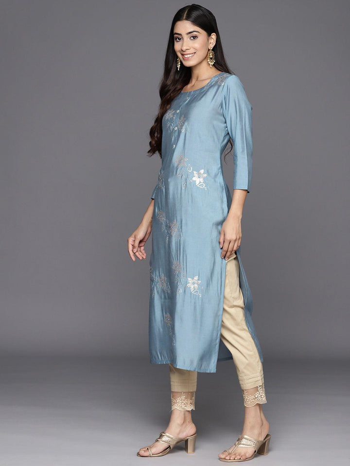 Grey Embroidered Silk Straight Kurta - Libas