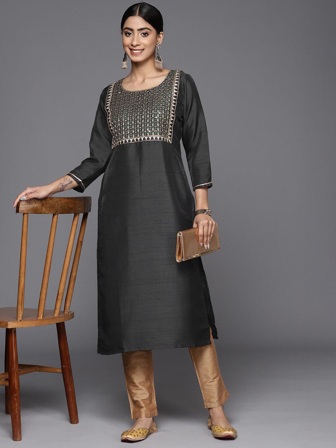 Grey Embroidered Silk Straight Kurta - Libas 