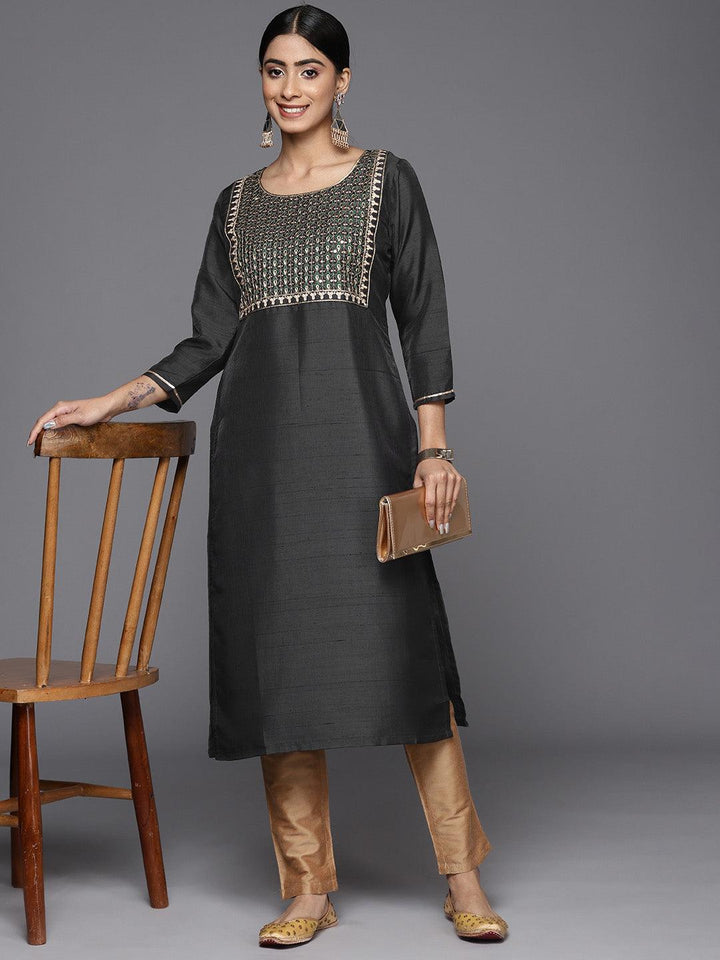 Grey Embroidered Silk Straight Kurta - Libas